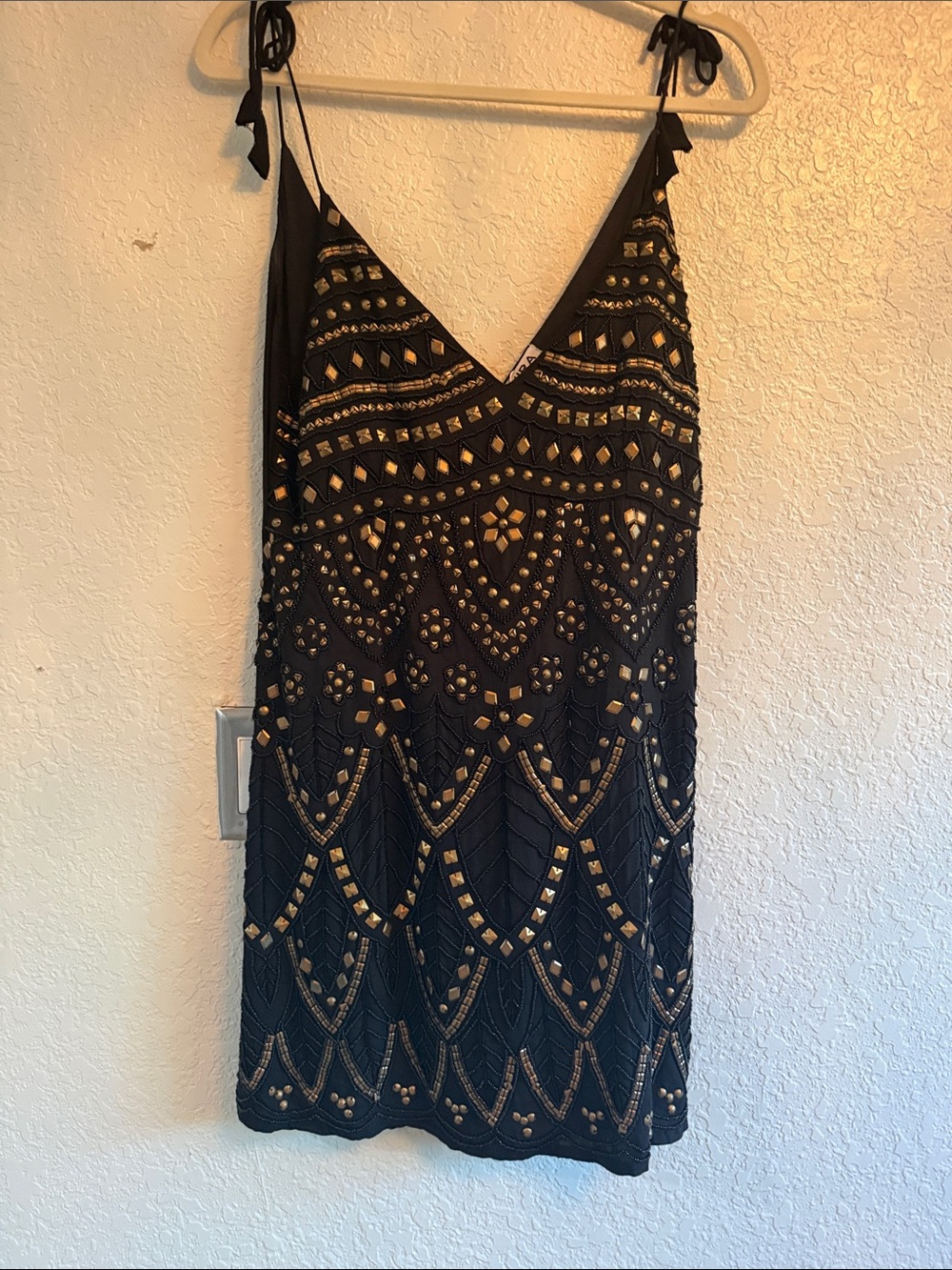 Black Mini Dress with Gold Sequin Motif